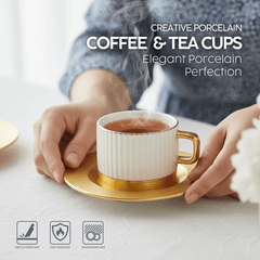 VAV GET Porcelain 16-Pieces Coffee and Tea Cups Set. 6 Cups (90 cc = 90 ml) & 6 Saucers Set + 1 Tray + 1 Coffee Pot (600cc)+ 1 Sugar Pot (200cc) + 1 Creamer (200cc) for 6 people.