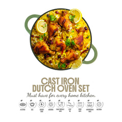 VAV GET Healthy and Safe, Non-Stick Enameled 7-PCS SET of Cast Iron Dutch Oven Cookwares. Set includes: 24cm Dutch Oven Fry Pan, 18cm, 21cm, 24cm Dutch Oven Cookwares with Lids and Gloves.