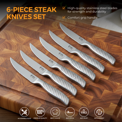 VAV GET Premium 6-Piece Steak Knives Set. Set includes: 6-Pieces of 4.5-inch Steak Knives. Comfortable and Pleasing Handle and Professional Serrated Stainless Steel with Long-Lasting Sharpness.