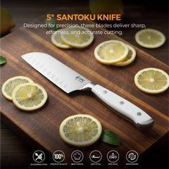 VAV GET Premium 3-Piece Knives Set. Set includes: 8-inch Chef, 5-inch Santoku & Utility Knives. Comfortable White Handle and Professional Stainless Steel with Long-Lasting Sharpness.