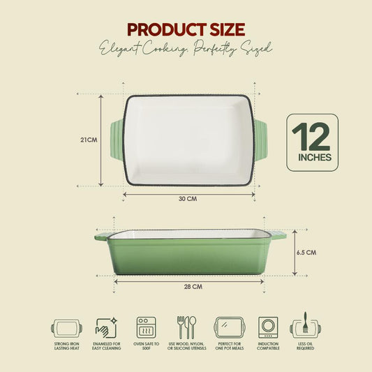 VAV GET Healthy & Safe Enamel Cast Iron Rectangular Roasting Dish, (12-Inch, Green) Oven & Induction Compatible, Easy-Clean Non-Stick Interior