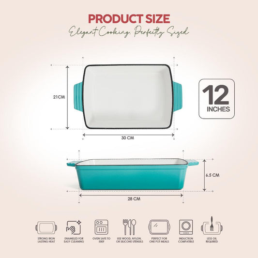 VAV GET Healthy & Safe Enamel Cast Iron Rectangular Roasting Dish, (12-Inch, Teal) Oven & Induction Compatible, Easy-Clean Non-Stick Interior