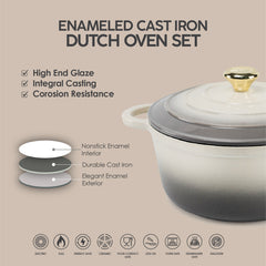 VAV GET Healthy and Safe Non-Stick Enameled Cast Iron 7-Piece Dutch Oven Cookware Set with Gloves and 2-Piece Mills. Includes: 24cm Dutch Oven Fry Pan, 18cm, 21cm, and 24cm Dutch Ovens with Lids, Gloves, and 2-Piece Mills.