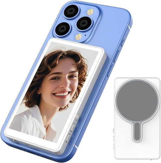 Magnetic Phone Vlog Selfie Monitor Screen – Wireless Rear Camera View for Vlogging & Live Streaming (White)