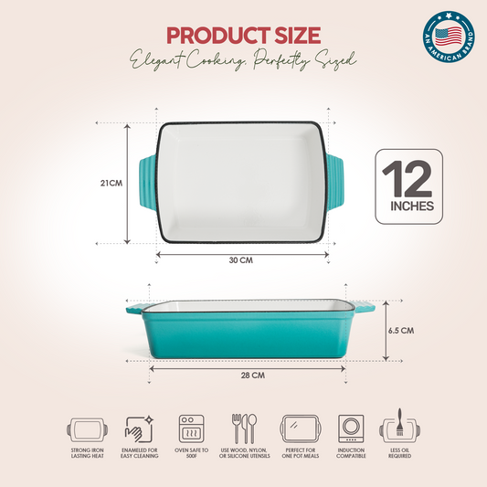 VAV GET Healthy & Safe Enamel Cast Iron Rectangular Roasting Dish, (12-Inch, Teal) Oven & Induction Compatible, Easy-Clean Non-Stick Interior