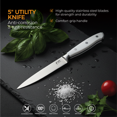 VAV GET Premium 3-Piece Knives Set. Set includes: 8-inch Chef, 5-inch Santoku & Utility Knives. Comfortable White Handle and Professional Stainless Steel with Long-Lasting Sharpness.
