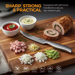 VAV GET Premium 6-Piece Steak Knives Set. Set includes: 6-Pieces of 4.5-inch Steak Knives. Comfortable and Pleasing Handle and Professional Serrated Stainless Steel with Long-Lasting Sharpness.