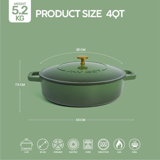 VAV GET Enameled Cast Iron Dutch Oven Braiser. 28cm, 3.79L, Olive Green, Induction & All Hob Compatible, Oven & Grill Safe