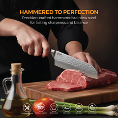 VAV GET PREMIUM 3-Piece Knives Set. Set includes: 8-inch Chef, 5-inch Santoku & Utility Knives. Comfortable Walnut Wood Handle and Professional Hammered Stainless Steel with Long-Lasting Sharpness.