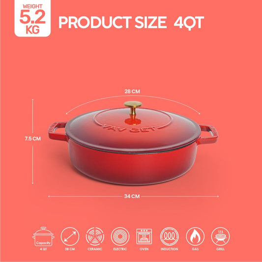VAV GET Enameled Cast Iron Dutch Oven Braiser. 28cm, 3.79L, Cherry Red, Induction & All Hob Compatible, Oven & Grill Safe