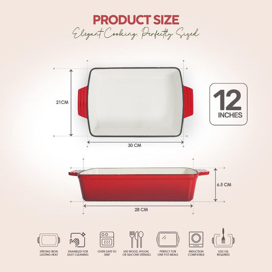 VAV GET Healthy & Safe Enamel Cast Iron Rectangular Roasting Dish, (12-Inch, Red) Oven & Induction Compatible, Easy-Clean Non-Stick Interior
