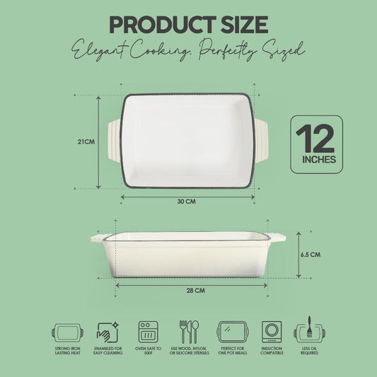 VAV GET Healthy & Safe Enamel Cast Iron Rectangular Roasting Dish, (12-Inch, Cream) Oven & Induction Compatible, Easy-Clean Non-Stick Interior