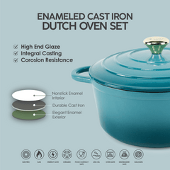 VAV GET Healthy and Safe Non-Stick Enameled Cast Iron 7-Piece Dutch Oven Cookware Set with Gloves and 2-Piece Mills. Includes: 24cm Dutch Oven Fry Pan, 18cm, 21cm, and 24cm Dutch Ovens with Lids, Gloves, and 2-Piece Mills.