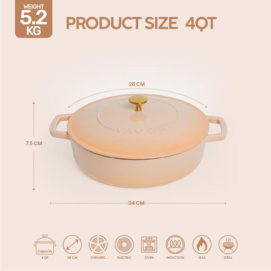 VAV GET Enameled Cast Iron Dutch Oven Braiser. 28cm, 3.79L, Peach, Induction & All Hob Compatible, Oven & Grill Safe