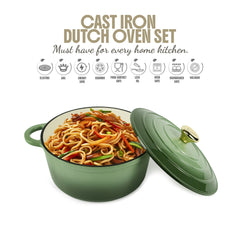 VAV GET Healthy and Safe, Non-Stick Enameled 7-PCS SET of Cast Iron Dutch Oven Cookwares. Set includes: 24cm Dutch Oven Fry Pan, 18cm, 21cm, 24cm Dutch Oven Cookwares with Lids and Gloves.