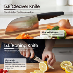 VAV GET Premium 18-Piece Black Stainless Steel Knife Set, Non-Slip Comfort Handles, Sharpened Chef Knives, Fruits & Vegetable Peeler Included, Ideal for Home & Professional Kitchen