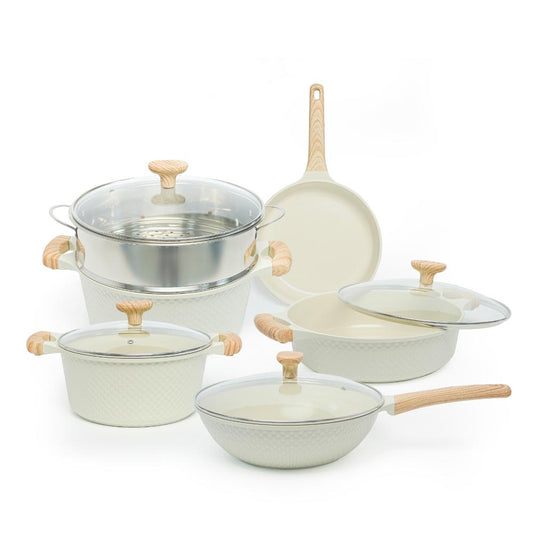 VAV GET Healthy & Safe Ceramic Nonstick 10-Pcs Cookware Set, Non-Toxic, Induction Ready, PFAS-PFOA Free Set with Soft-Touch Handles. Lattice Series Includes: 28cm and 24cm Casseroles with 28cm Steamer, 28cm Wok and 28cm Shallow Pans, 26cm Fry Pan.