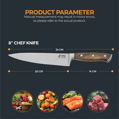 VAV GET Premium 8-inch Chef's Knife. Comfortable Walnut Wood Handle and Professional Stainless Steel with Long-Lasting Sharpness.
