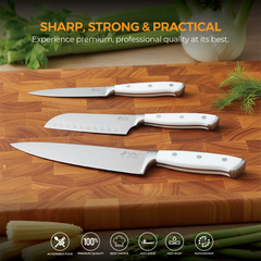 VAV GET Premium 3-Piece Knives Set. Set includes: 8-inch Chef, 5-inch Santoku & Utility Knives. Comfortable White Handle and Professional Stainless Steel with Long-Lasting Sharpness.