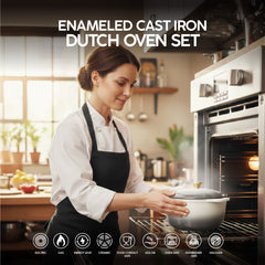 VAV GET Healthy and Safe Non-Stick Enameled Cast Iron 7-Piece Dutch Oven Cookware Set with Gloves and 2-Piece Mills. Includes: 24cm Dutch Oven Fry Pan, 18cm, 21cm, and 24cm Dutch Ovens with Lids, Gloves, and 2-Piece Mills.