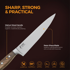 VAV GET Premium 8-inch Chef's Knife. Comfortable Walnut Wood Handle and Professional Stainless Steel with Long-Lasting Sharpness.