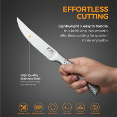 VAV GET Premium 6-Piece Steak Knives Set. Set includes: 6-Pieces of 4.5-inch Steak Knives. Comfortable and Pleasing Handle and Professional Serrated Stainless Steel with Long-Lasting Sharpness.