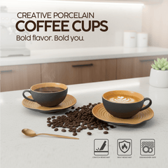 VAV GET 12-Piece Creative Porcelain Coffee Cups (200 ml - 6.7 Oz) & Saucers Set For 6 people