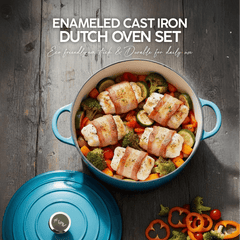 VAV GET Healthy and Safe Non-Stick Enameled Cast Iron 7-Piece Dutch Oven Cookware Set with Gloves and 2-Piece Mills. Includes: 24cm Dutch Oven Fry Pan, 18cm, 21cm, and 24cm Dutch Ovens with Lids, Gloves, and 2-Piece Mills.