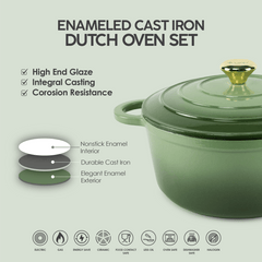 VAV GET Healthy and Safe Non-Stick Enameled Cast Iron 7-Piece Dutch Oven Cookware Set with Gloves and 2-Piece Mills. Includes: 24cm Dutch Oven Fry Pan, 18cm, 21cm, and 24cm Dutch Ovens with Lids, Gloves, and 2-Piece Mills.