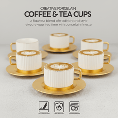VAV GET Porcelain 16-Pieces Coffee and Tea Cups Set. 6 Cups (90 cc = 90 ml) & 6 Saucers Set + 1 Tray + 1 Coffee Pot (600cc)+ 1 Sugar Pot (200cc) + 1 Creamer (200cc) for 6 people.