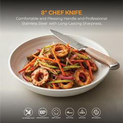 VAV GET PREMIUM 3-Piece Knives Set. Set includes: 8-inch Chef, 5-inch Santoku & Utility Knives. Comfortable Walnut Wood Handle and Professional Hammered Stainless Steel with Long-Lasting Sharpness.
