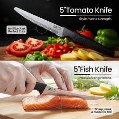 VAV GET Premium 18-Piece Black Stainless Steel Knife Set, Non-Slip Comfort Handles, Sharpened Chef Knives, Fruits & Vegetable Peeler Included, Ideal for Home & Professional Kitchen