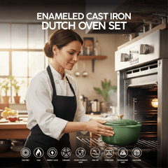 VAV GET Healthy and Safe Non-Stick Enameled Cast Iron 7-Piece Dutch Oven Cookware Set with Gloves and 2-Piece Mills. Includes: 24cm Dutch Oven Fry Pan, 18cm, 21cm, and 24cm Dutch Ovens with Lids, Gloves, and 2-Piece Mills.