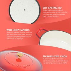 VAV GET Enameled Cast Iron Dutch Oven Braiser. 28cm, 3.79L, Cherry Red, Induction & All Hob Compatible, Oven & Grill Safe