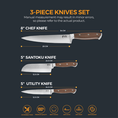 VAV GET PREMIUM 3-Piece Knives Set. Set includes: 8-inch Chef, 5-inch Santoku & Utility Knives. Comfortable Walnut Wood Handle and Professional Hammered Stainless Steel with Long-Lasting Sharpness.