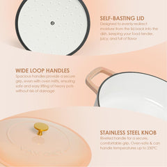 VAV GET Enameled Cast Iron Dutch Oven Braiser. 28cm, 3.79L, Peach, Induction & All Hob Compatible, Oven & Grill Safe
