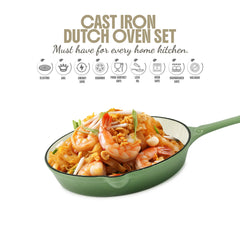 VAV GET Healthy and Safe, Non-Stick Enameled 7-PCS SET of Cast Iron Dutch Oven Cookwares. Set includes: 24cm Dutch Oven Fry Pan, 18cm, 21cm, 24cm Dutch Oven Cookwares with Lids and Gloves.
