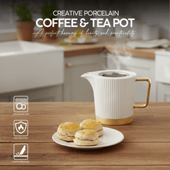 VAV GET Porcelain 16-Pieces Coffee and Tea Cups Set. 6 Cups (90 cc = 90 ml) & 6 Saucers Set + 1 Tray + 1 Coffee Pot (600cc)+ 1 Sugar Pot (200cc) + 1 Creamer (200cc) for 6 people.