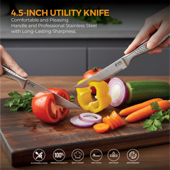 VAV GET Premium 6-Piece Steak Knives Set. Set includes: 6-Pieces of 4.5-inch Steak Knives. Comfortable and Pleasing Handle and Professional Serrated Stainless Steel with Long-Lasting Sharpness.