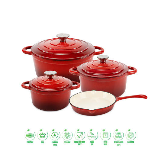 VAV GET Healthy and Safe, Non-Stick Enameled 7-PCS SET of Cast Iron Dutch Oven Cookwares. Set includes: 24cm Dutch Oven Fry Pan, 18cm, 21cm, 24cm Dutch Oven Cookwares with Lids.
