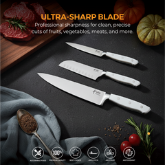 VAV GET Premium 3-Piece Knives Set. Set includes: 8-inch Chef, 5-inch Santoku & Utility Knives. Comfortable White Handle and Professional Stainless Steel with Long-Lasting Sharpness.
