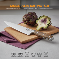 VAV GET Premium 8-inch Chef's Knife. Comfortable Walnut Wood Handle and Professional Stainless Steel with Long-Lasting Sharpness.