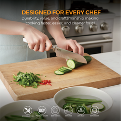 VAV GET Premium 3-Piece Knives Set. Set includes: 8-inch Chef, 5-inch Santoku & Utility Knives. Comfortable White Handle and Professional Stainless Steel with Long-Lasting Sharpness.