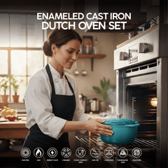 VAV GET Healthy and Safe Non-Stick Enameled Cast Iron 7-Piece Dutch Oven Cookware Set with Gloves and 2-Piece Mills. Includes: 24cm Dutch Oven Fry Pan, 18cm, 21cm, and 24cm Dutch Ovens with Lids, Gloves, and 2-Piece Mills.