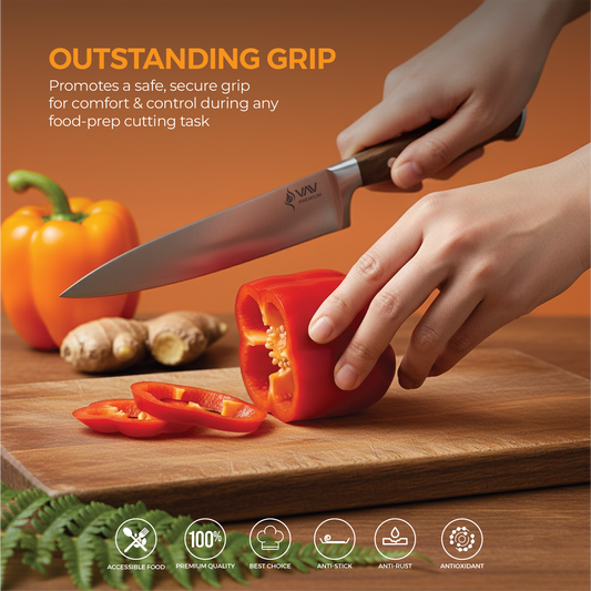 VAV GET Premium 8-inch Chef's Knife. Comfortable Walnut Wood Handle and Professional Stainless Steel with Long-Lasting Sharpness.