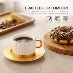 VAV GET Porcelain 16-Pieces Coffee and Tea Cups Set. 6 Cups (90 cc = 90 ml) & 6 Saucers Set + 1 Tray + 1 Coffee Pot (600cc)+ 1 Sugar Pot (200cc) + 1 Creamer (200cc) for 6 people.