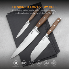 VAV GET PREMIUM 3-Piece Knives Set. Set includes: 8-inch Chef, 5-inch Santoku & Utility Knives. Comfortable Walnut Wood Handle and Professional Hammered Stainless Steel with Long-Lasting Sharpness.