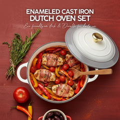 VAV GET Healthy and Safe Non-Stick Enameled Cast Iron 7-Piece Dutch Oven Cookware Set with Gloves and 2-Piece Mills. Includes: 24cm Dutch Oven Fry Pan, 18cm, 21cm, and 24cm Dutch Ovens with Lids, Gloves, and 2-Piece Mills.