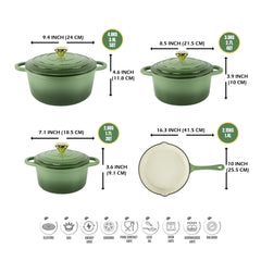 VAV GET Healthy and Safe, Non-Stick Enameled 7-PCS SET of Cast Iron Dutch Oven Cookwares. Set includes: 24cm Dutch Oven Fry Pan, 18cm, 21cm, 24cm Dutch Oven Cookwares with Lids and Gloves.