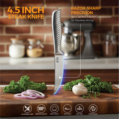 VAV GET Premium 6-Piece Steak Knives Set. Set includes: 6-Pieces of 4.5-inch Steak Knives. Comfortable and Pleasing Handle and Professional Serrated Stainless Steel with Long-Lasting Sharpness.